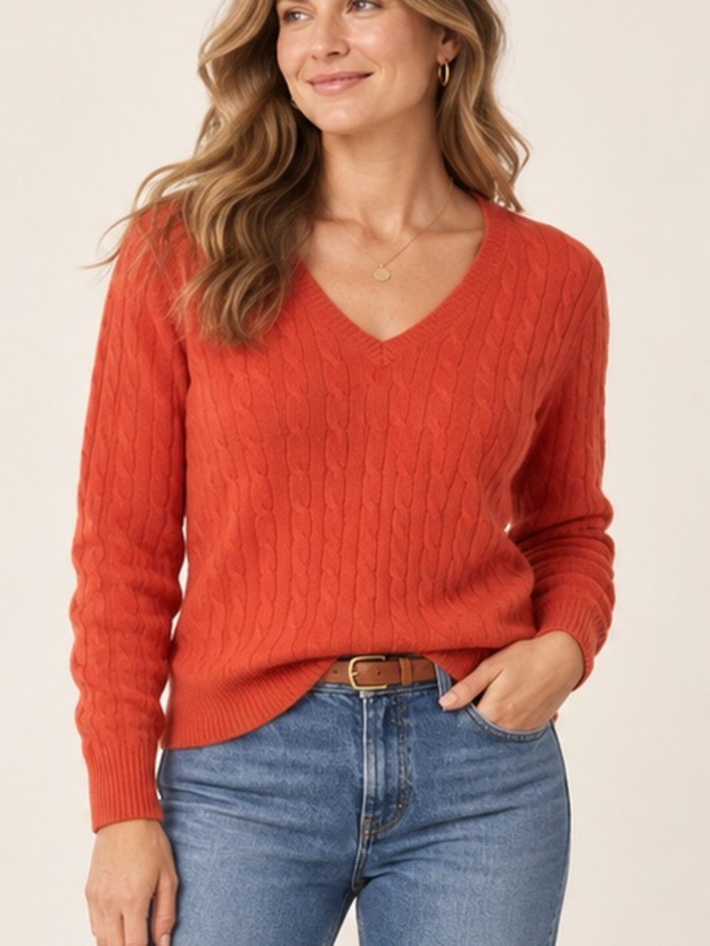Pure Cashmere Cable Knit V-Neck Sweater Coral XL